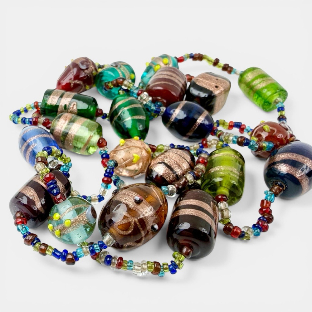 Vintage 1960s Venetian Lampwork Glass Necklace, Aventurine Art Glass Beads - Picture 2 of 7